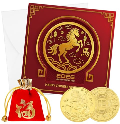 Otuuz Set Regalo per Capodanno Lunare 2026 Include Biglietto di Capodanno Cinese con Busta Moneta Cavallo Borsa con Coulisse Rossa Regalo per Famiglia Cinese