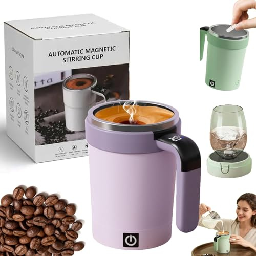 Yowfut Automatic Magnetic Stirring Cup, Self Stirring Mug with Lid, Mixing Cup, Temperature Display, Hot Beverage Warmer, Gift for Home Office Kitchen Travel Birthday Christmas Gift (Purple)