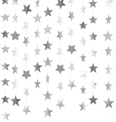 IGXX Ghirlanda di Stelle Argentate 15 m - Confezione da 4 Decorazioni Appese in Carta Luccicante per Feste, Striscione Riflettente per Compleanno Matrimonio Festa Anniversario Sfondi