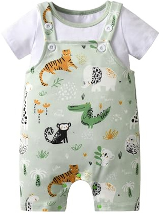 Drenixy Infant Baby Boy Clothes Animal Print Shorts Sleeve Tops + Suspender Shorts Summer Outfit Set