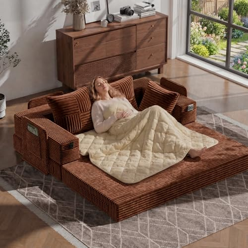 Fabulcozy Canapé-Lit Convertible 2-en-1 en Velours Côtelé, Design Moderne avec Accoudoirs de Rangement, Idéal pour Petits Espaces - Matelas Lavable Inclus