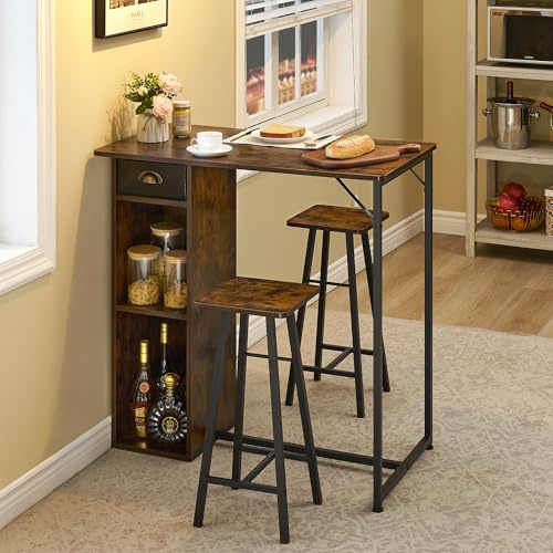 Ensemble Table de bar avec tabourets 3 pièces,Table Mange debout avec 2 chaises,2 étagère De Rangement et tiroir,Ensemble Table haute cuisine bois pour 2 Personnes ideal Petit Espace,Appartement(Brun)