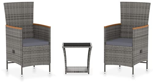Makastle Salon de Jardin 3 Pièces en Résine Tressée Gris avec Coussins, 45 x 45 x 40 cm, 24,7 kg, Fauteuils Inclinables avec Accoudoirs en Bois d'Acacia, Montage Requis