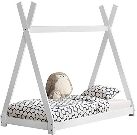 [en.casa] Kinderbett Onejda in Tipi-Design Bodenbett Jugendbett aus Kiefernholz Weiß 80 x 160 cm