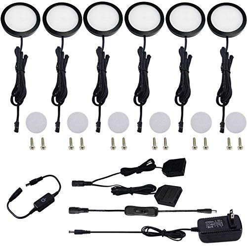 AIBOO Under Cabinet LED Black Cover Puck Lighting Kit with Touch Dimmer Switch for Kitchen Cupboard Closet Lighting (6 Lights,Daylight White)