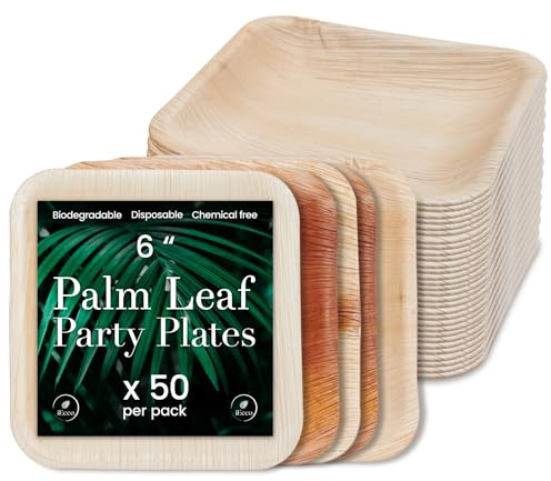 Palm Leaf Plates - Compostable and Grease Resistant 6 Inch Square Plates - Eco Friendly Plate is 100% Natural, Sturdy & Microwave Safe - Disposable & Biodegradable Wood Alternative to Bamboo Plate