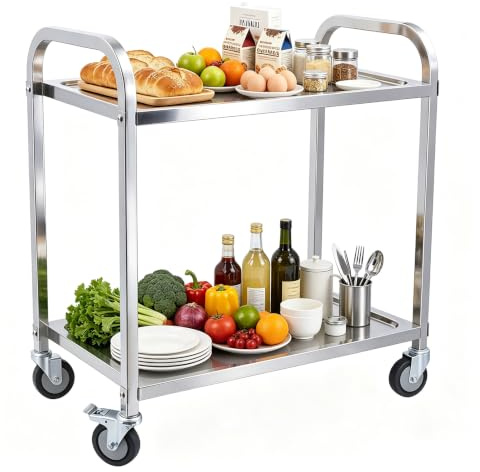 TAIMIKO Carro de Servicio INOX Postre Cocina con Ruedas con Ruedas,Carro de Restaurante,2 bandejas de Almacenamiento