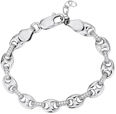 Vanbelle Sterling Silver Jewelry - Rhodium Plated with 925 Stamp - Coffee Bean Chain Bracelet with Cubic Zirconia Stones - Beautifully Handcrafted for Women - 7.5 Long
