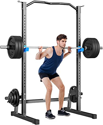 BEKING Power Rack knäböjningsbur med pull up-stång, justerbar kraftbur träning knäböjningsstativ med skivstångsställ, viktplatta, förvaring, styrketräningsstation för hemmagym fitness