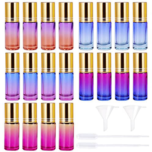 20 stycken eterisk olja, rullflaskor, tomma flaskor, 5 ml, rostfritt stål rullbollar, påfyllningsbara, flerfärgade glasflaskor för eterisk olja