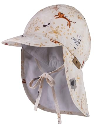 Sterntaler Schirmmütze mit Nackenschutz Zootiere mit Bindeband - Schirmmütze mit UV -Schutz 50+ - Kinder Mütze mit Ohrenklappen - Unisex Schirmmütze Kinder aus Baumwolle - beige, 55