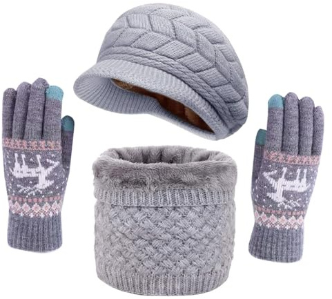 ASYBHYY Gorras Mujer Invierno con Visera, Caliente Sombrero de Boina de Punto y Bufanda con Forro Polar y Guantes Pantalla Táctil Antideslizante Regalos Deportes de Invierno