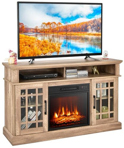 COSTWAY Electric Fireplace Insert TV Stand, Entertainment Center Console Table with Adjustable Flame, Overheat Protection Fire Heater & Remote (Natural, 18” Fireplace, for 55” TV)