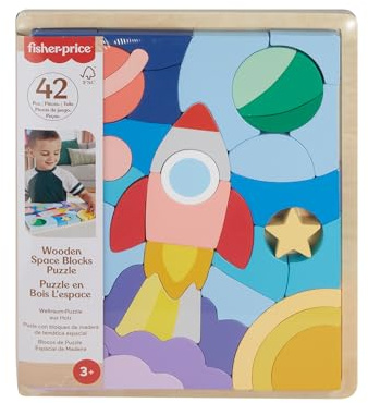 Fisher-Price Wood Preschool Toy Space Blocks Jigsaw Puzzle, 42 Wooden Pieces for Stacking & Sorting Play Kids Ages 3+ Years, HXY42
