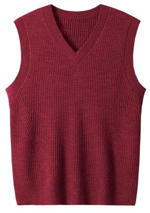Pull tricoté sans Manches col en V pour Hommes Solid Color Top Slim pour Hommes_Crimson_Medium