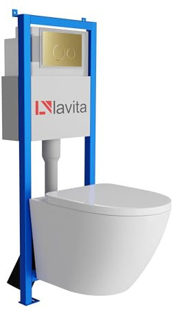 Lavita LAV 101 Élément mural pour WC 40 cm + évier mural suspendu Sofi sans bord + panneau de commande LAV 200.4.5 doré | Kit complet | Réservoir de chasse encastré | WC complet