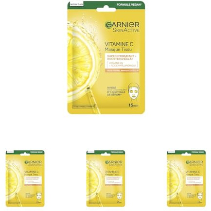 Garnier - Masque Tissu Hydratant - Booster d'Eclat - Enrichi en Vitamine C et Acide Hyaluronique - Formule Vegan - Pour les Peaux Ternes et Fatiguées - 28 g (Lot de 4)