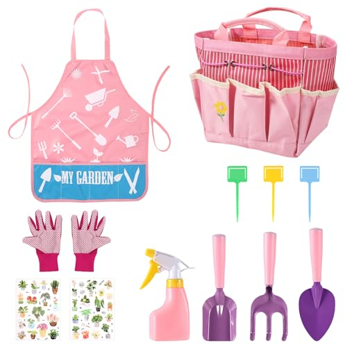 12 Pzs Conjunto de Herramientas de Jardinería, Kit de Jardinería para Niños con Tenedores, Palas, Rastrillos, Bolsas, Botellas, Guantes, Baberos, Herramientas de Playa para Niños (Rosa)