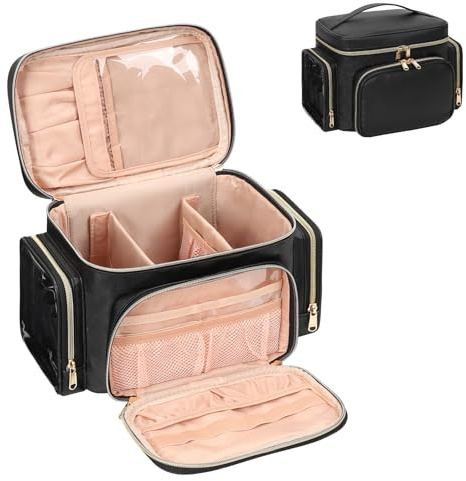 Pochette grande da viaggio, borsa per il trucco da donna, borsa per il trucco con supporto per pennelli, organizer portatile, Nero