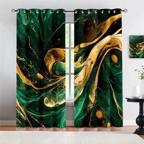 Smaragdgrün Gardinen Wohnzimmer Mit Ösen, Goldener Marmor Muster Vorhang Blickdicht für Kinderzimmer Schlafzimmer, Verdunklungsvorhänge Schallschutz Thermovorhang 2 x 150B x 270H cm
