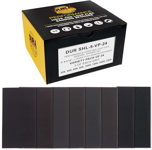 Dura-Gold 5 x 2-3/4 Sanding Sponge Variety Pack, Box of 24 - Grits 320, 400, 600, 800, 1000, 1500, 2000, 2500 - Hook & Loop Wet or Dry Flexible Sandpaper, Hand Sanding Blocks Polish Metal Auto Paint