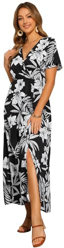 Allegra K Donna Vestito Midi Floreale Maniche A Palloncino Abito con Scollo A V Casuale Nero S