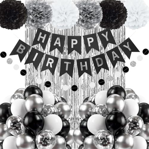 Geburtstag Dekoration Set, Mann Frauen Geburtstagsdeko, Schwarz Silber Happy Birthday Banner, Luftballons DIY Party Papier Pompoms Lametta Vorhang für Jungen Mädchen Geburtstag Deko Party Supplies