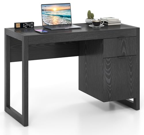 COSTWAY Computer Desk, 112 x 50cm Wooden Study Table Writing Workstation with Drawer and Cabinet, Modern PC Laptop Table Gaming Working Desk for Home Office Bedroom (Black)