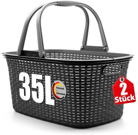 BigDean 2 Stück Wäschekorb mit Henkel 35L Rattan Design – Wäschewanne Made in Germany