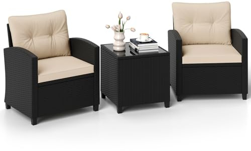 GIANTEX Set da Mobili da 3 Pezzi, Sedie da Giardino con Tavolino da Caffè con Piano in Vetro Temperato, Cuscini per Schienale e Sedile, Set Bistro in Rattan PE per Portico (Marrone)