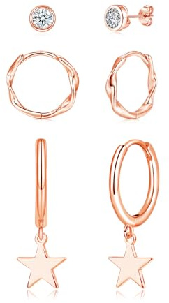 Kamise Ohrringe Silber 925 Set, 3 Paare Silber Ohrring für Damen, 925 Sterling Silber Ohrstecker & Creolen & Ohrhänger Ohrringe Set, Rosegold Klein Hypoallergen Ohrrings Set für Mehrere Ohrlöcher