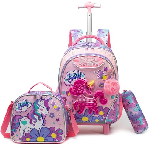 HTgroce ryggsäck med hjul för barn, skolväska med hjul för flickor pop it ryggsäck 16 tum set 3 i 1 med lunchväska dagis fidget toys presenter för barn., C-rosa enhörning, 43 x 30 x 19 cm