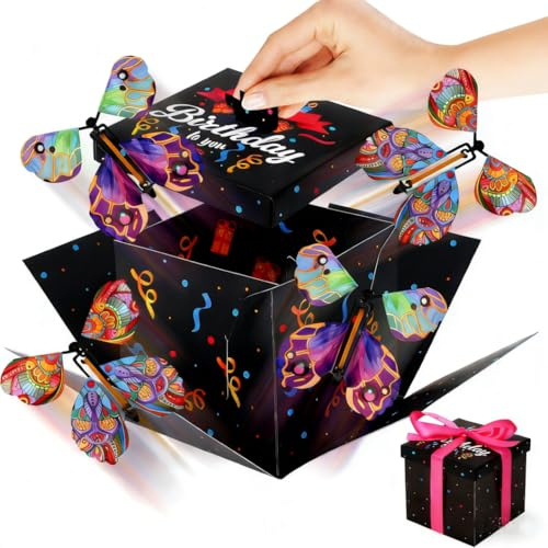 Halinuia Boite Cadeau DIY Anniversaire, Happy Birthday Coffret Cadeau, Noir Boite Pop up Surprise avec Papillon Magique, Carte de Vœux et Nœud pour Amis Famille, 12,5 x 12,5 x 12,5 cm