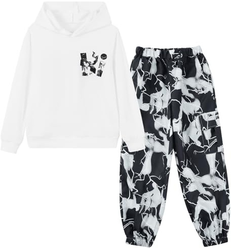Hotfiary Boys 2 Piece Camo Tracksuit Set, Long Sleeve Hoodie Sweatshirt and Cargo Pants Clothes, Teen Hooded Pullover Top and Jogging Bottoms for Sports School Casual 6 7 8 9 10 11 12 13 Years