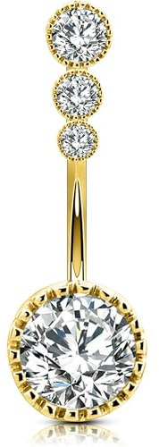 OUFER Piercing Nombril en Acier Inoxydable 316L 14G Or Long Anneau de Nombril Trois Transparent Zircones Cubiques Bijoux de Piercing Chirurgical Incurvé pour Femme 12/14/16 mm