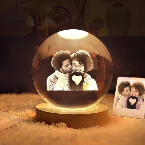 Esfera De Cristal Con Foto Grabada En Vidrio 2D Personalizada, Texto Personalizado Con Base De Madera, Luz Nocturna Con Ambiente De Bola De Cristal, Marcos De Mesa,bodas, Graduaciones(6cm/2.36in)