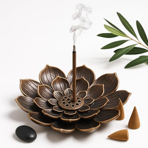 Lotus Flower Incense Holder Metal Burner for Stick, Cone and Coil Incense, Zinc Alloy Lotus Flower Design with Bronze Finish, Detachable Ash Catcher, Ideal for Home, Office, Yoga and Meditation Spaces
