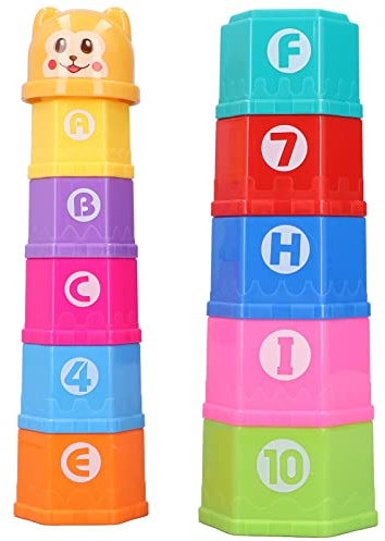 Segrehy Lot de 10 gobelets empilables en Plastique avec Chiffres et Lettres colorées pour bébé de 6 Mois et Plus