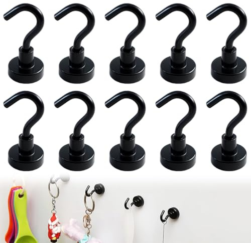 MKEAWWU Ganci Magnetici Forti 10 Pezzi Neri, Magneti 10Kg Per Frigorifero, Ganci Extra Forti Per Appendere Tenda Asciugamano Soffitto
