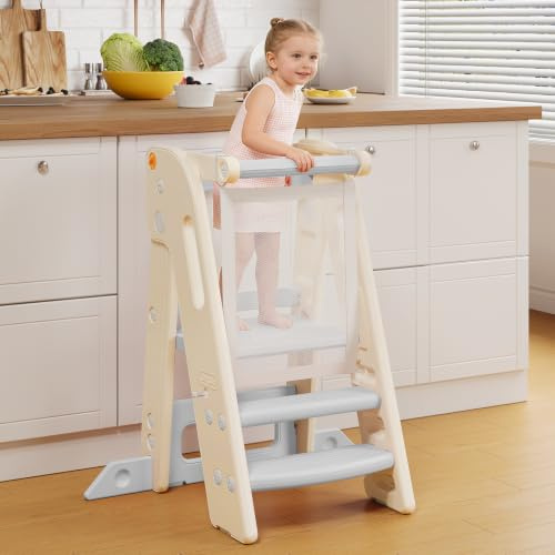 Onasti Toddler Learning Tower, Foldable Toddler Tower with Safety Bar, 3 Step Adjustable Height, Kitchen Step Stool for Kids with Handles, Non-slip, for Kitchen Counter Bathroom Sink(Grey+white)
