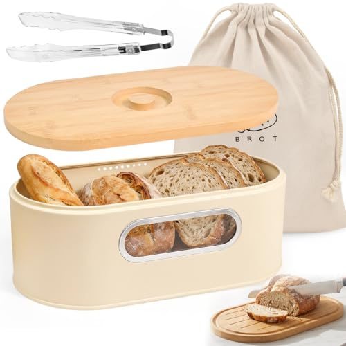 Linzerry Panera Metálica Blanca con Tapa de Bambú y Ventana Transparente, Caja de Pan de Gran Capacidad, Panera para Pan Tostado y de Molde, Incluye Bolsa de Tela y Pinza, Conserva el Pan Fresco