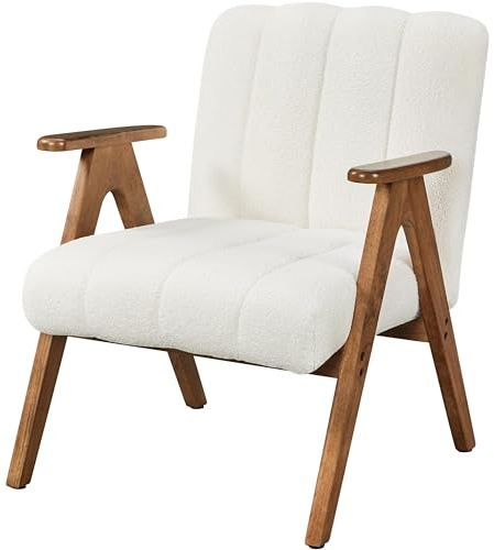 Yaheetech Fauteuil de Salon Scandinave en Tissu Bouclette Fauteuil Lecture avec Accoudoirs Chaise Coiffeuse Pieds en Bois Massif Assise Large Dossier Ergonomique pour Salon Chambre Bureau Blanc