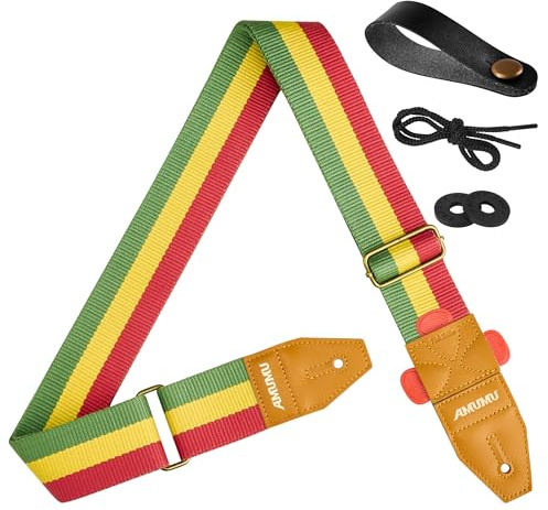 Amumu Sangle de guitare en coton de 5,1 cm – Style brodé Hootenanny – Extrémités en cuir de qualité supérieure – Convient aux guitares acoustiques, électriques, basses