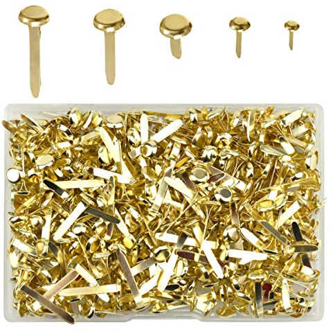 Fodlon 500 Stück Papierverschlüsse, Verschiedene Größen Musterbeutelklammer, Rundkopfklammern Vermessingt Runde Metall Brads Messingbeschichtete Befestigungen für Kartenherstellung Scrapbooking