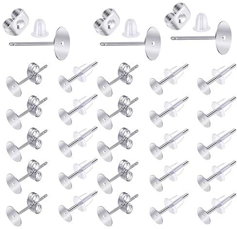 600PCS 5MM Stainless Steel Earrings Posts And Backs Hypoallergenic Flat Back Blank Earring Studs Earring Making Findings With Backs And Rubber Stoppers for DIY Jewellery Making Kit