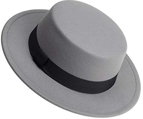 Klassisk Fedora-hatt platt topp hatt filt fläskpaj hatt brett brätte kyrka Derby keps för kvinnor och män, Grå, M