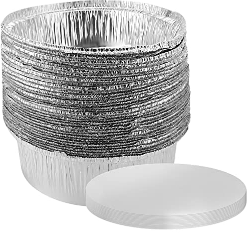 SINJEUN Confezione da 40 vassoi rotondi in alluminio da 20,3 cm, con coperchi di carta, teglie rotonde in alluminio, per torte, flan, quiche, nachos, arrosti