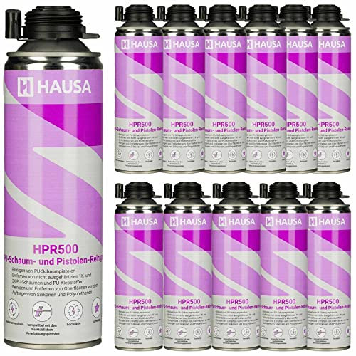 HAUSA Detergente per pistola in poliuretano HPR500, 12 x 500 ml, altamente attivo per pistole a schiuma, valvola adattatore, per rimuovere schiuma di poliuretano, sgrassare superfici metalliche,
