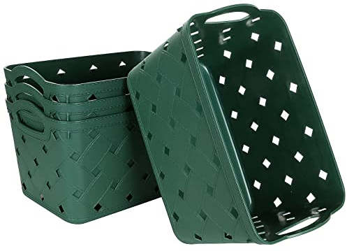 ASelected Lot de 4 paniers de rangement en plastique tissé avec poignées, milieu 29 x 23 x 16 cm, beau tendance, motif peau croisée, pour cuisine, salon, bureau, salle de bain, chambre à coucher