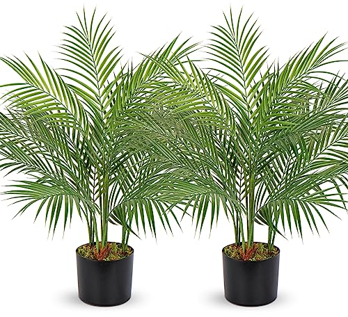 Oairse 2er-Set 90cm Kunstpflanze Areka-Palme Kunstpflanze Palme groß im Topf künstlicher Baum für drinnen und draußen, Moderne Dekoration, Dekoration Badezimmer Wohnzimmer Schlafzimmer Balkon